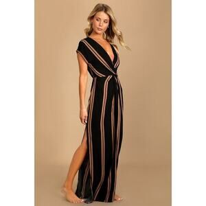 Lulus Coastal Grooves Black And Brown Striped Swim Cover-up - Size S